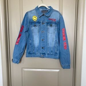 Brooklyn Cloth Mfg Jean Jacket, Thank You for Nothing smiley face Sz. Small.